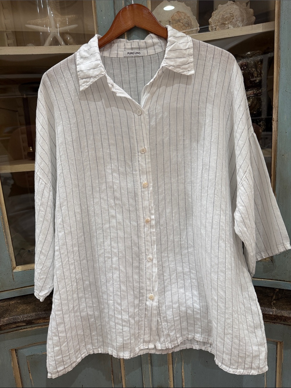 PURO LINO Italy Pure Linen Striped Shirt XL Oversized Coastal Grandmother Chic